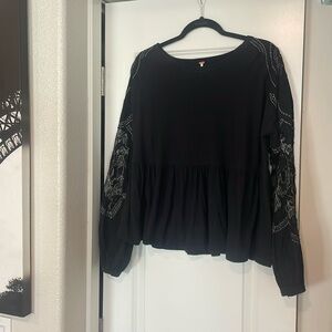 Free People Women’s Peplum Lace See-Through Sleeve Black Top OB874731 Size Small